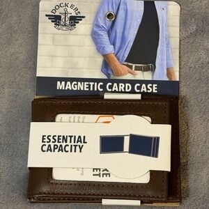 Dockers Magnetic Card Case Wallet RFID Secure Brown Leather Exterior ID Window